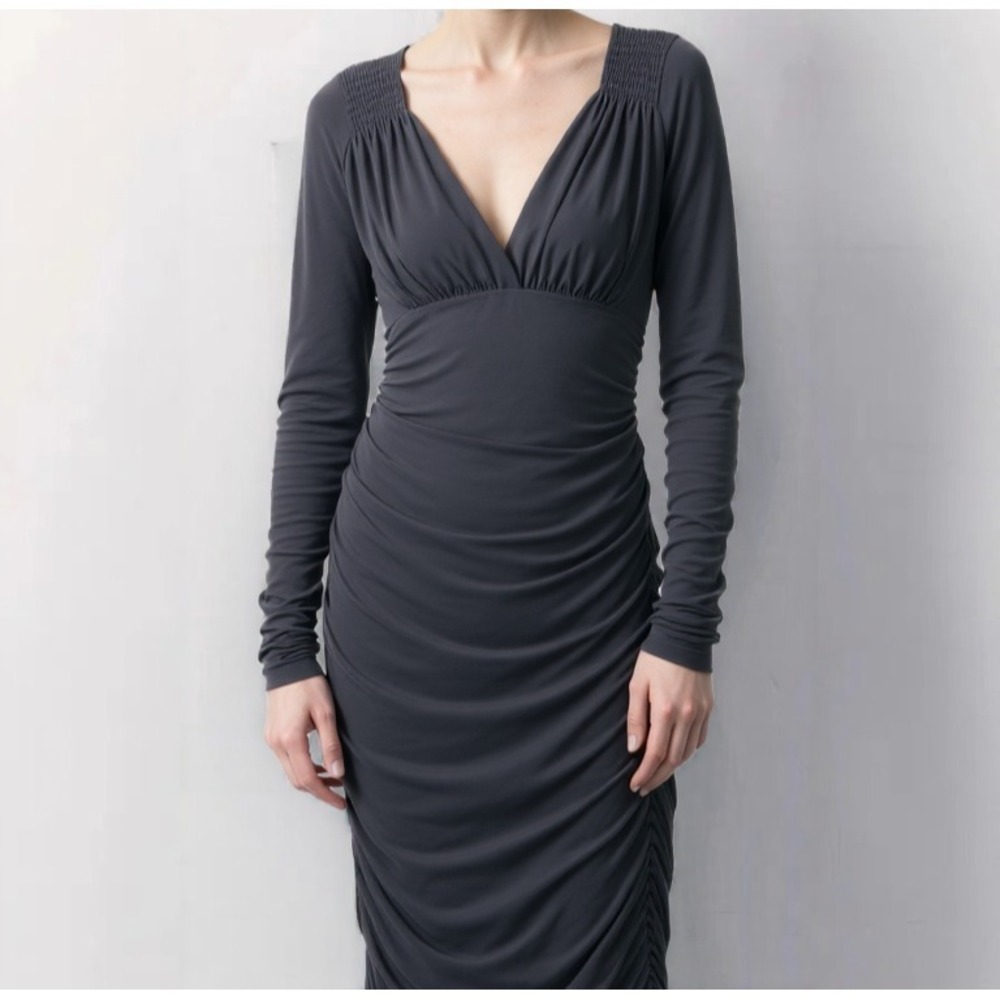 Norma Kamali Midi Dress Women XS 34 Black Ruched Long Sleeve Bodycon Occasion